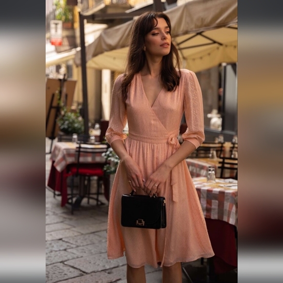 NWT Gaâla Paris Annabelle Silk Chiffon Wrap Midi Dress Ivory Gold Small/Medium - Picture 2 of 11